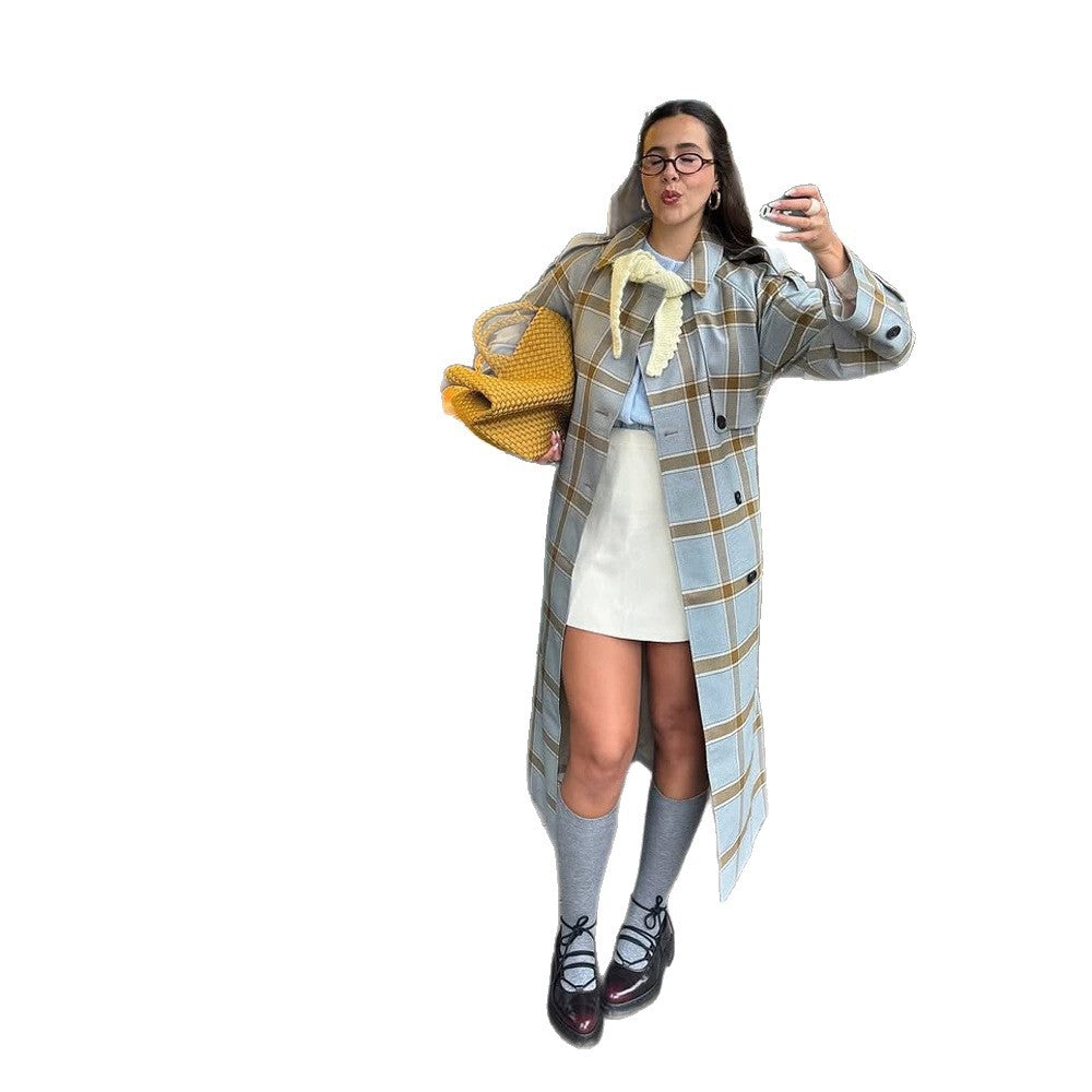 Women's long checkered coat in trench coat style with double button placket EVA-US