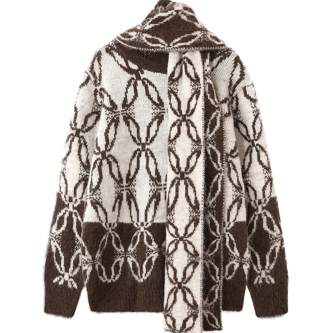 Women Oversize Mohair Look Knit Cardigan with Allover Jacquard Pattern EVA-US