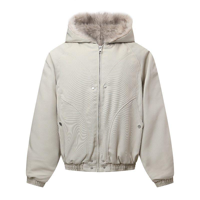 Unisex hooded jacket with warming teddy lining, elastic hem and concealed button placket EVA-US