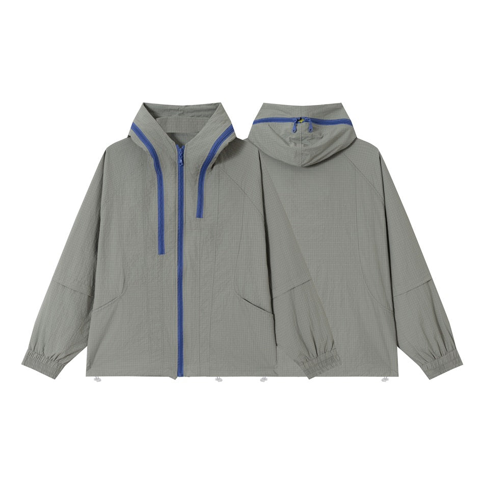 Unisex Lightweight Ripstop Hoodie Jacket in Boxy Fit with Contrasting Zipper and Drawstring EVA-US