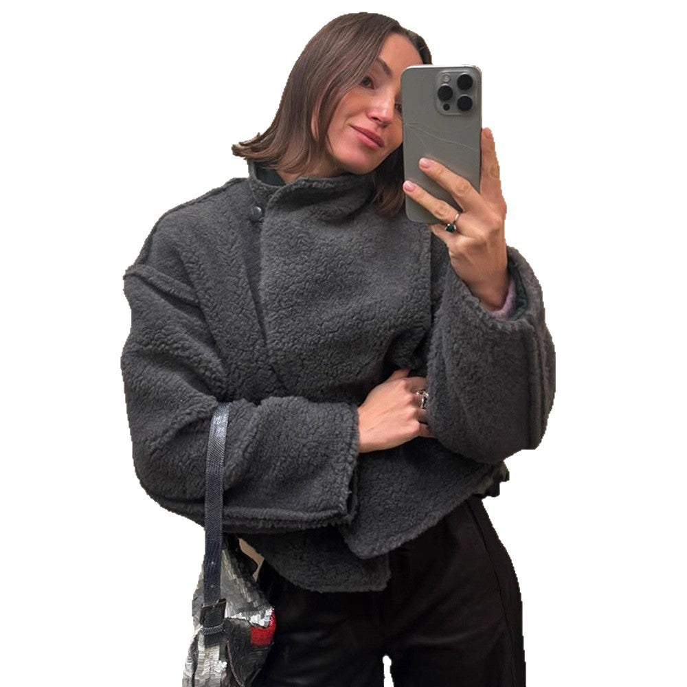 Women short cut teddy faux fur blouse jacket with high stand-up collar and boxy silhouette EVA-US