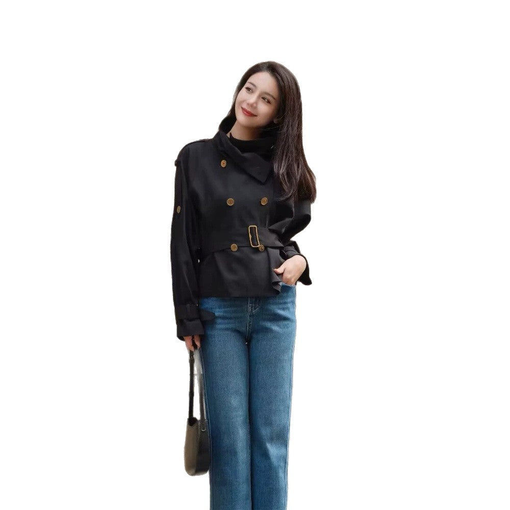 Women's short trench coat with fitted tie belt and balloon sleeves, golden decorative buttons EVA-US