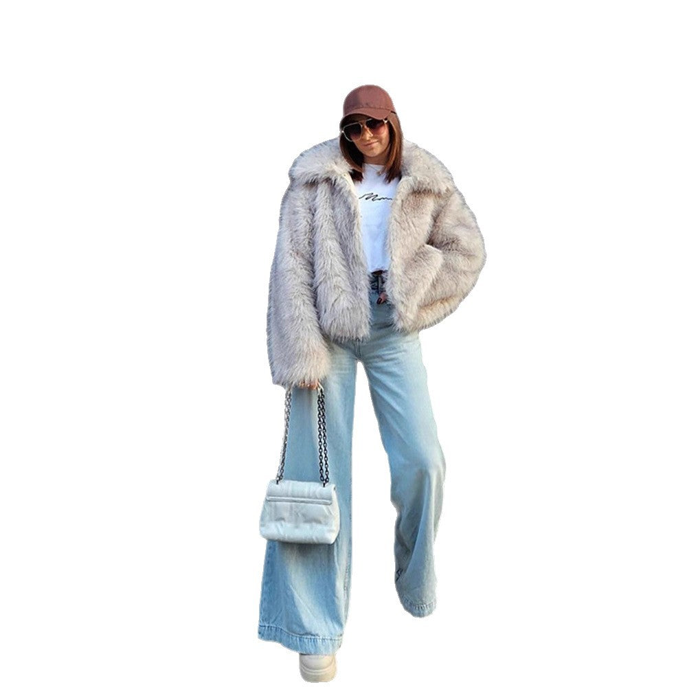 Women Short Boxy Jacket made of high-pile faux fur with high shawl collar EVA-US