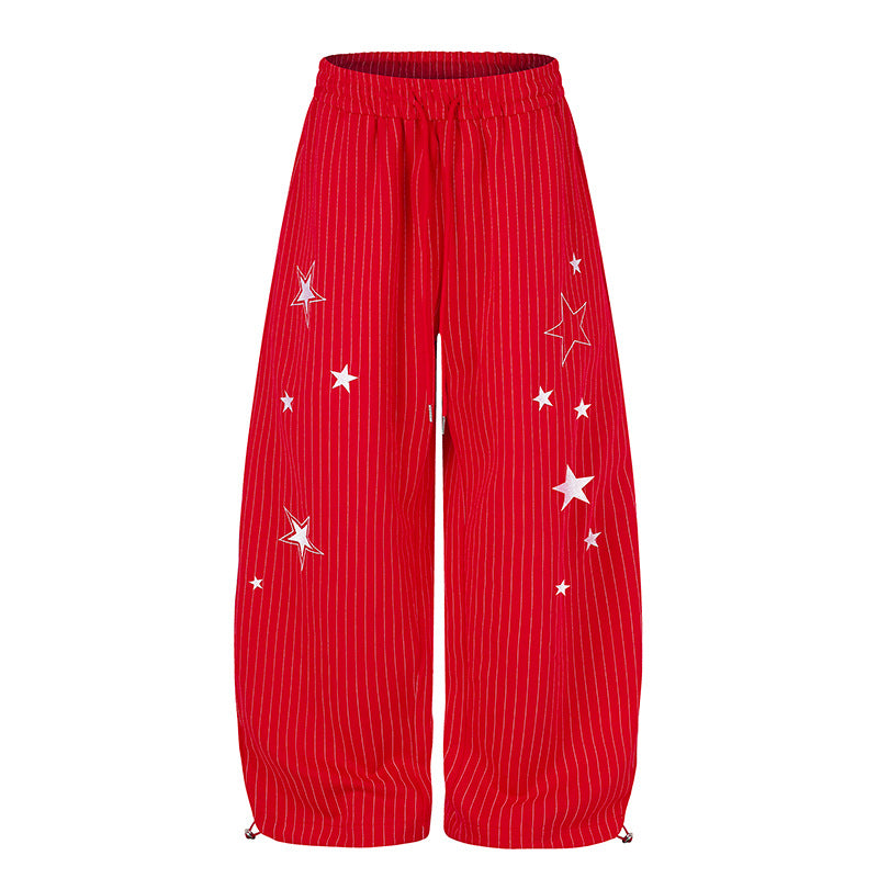 Women Wide Palazzo Sweatpants with Pinstripes, Star Print & Adjustable Hem