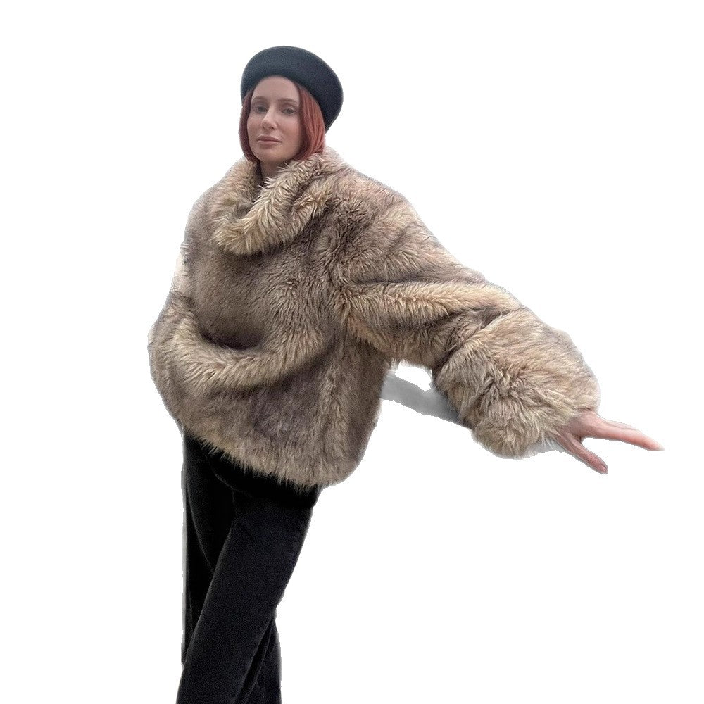 Women's Short Cut Faux-Fur Boxy Coat with Hood and Zip EVA-US