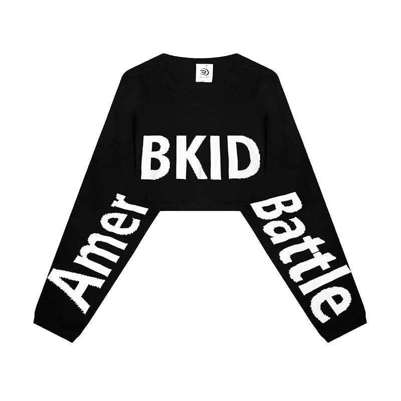 Women's Cropped Knit Sweater with Wide Raglan Sleeves and Statement Print EVA-US