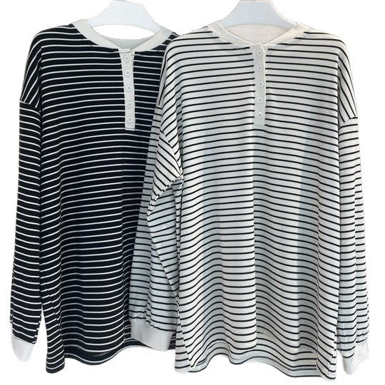 Women's Casual Breton Shirt in Oversized Cut with Henley Placket EVA-US