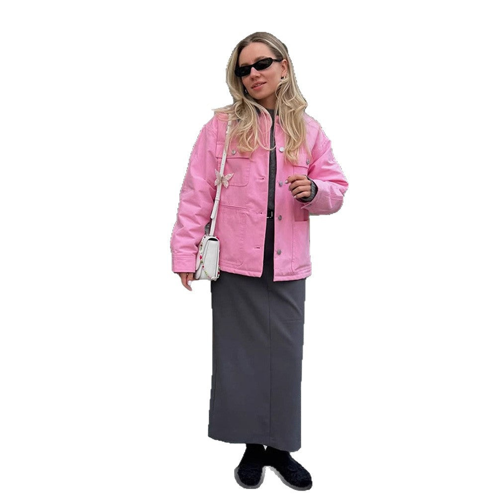 Women's Boxy Overshirt Jacket with Patch Pockets & Metal Button Placket EVA-US