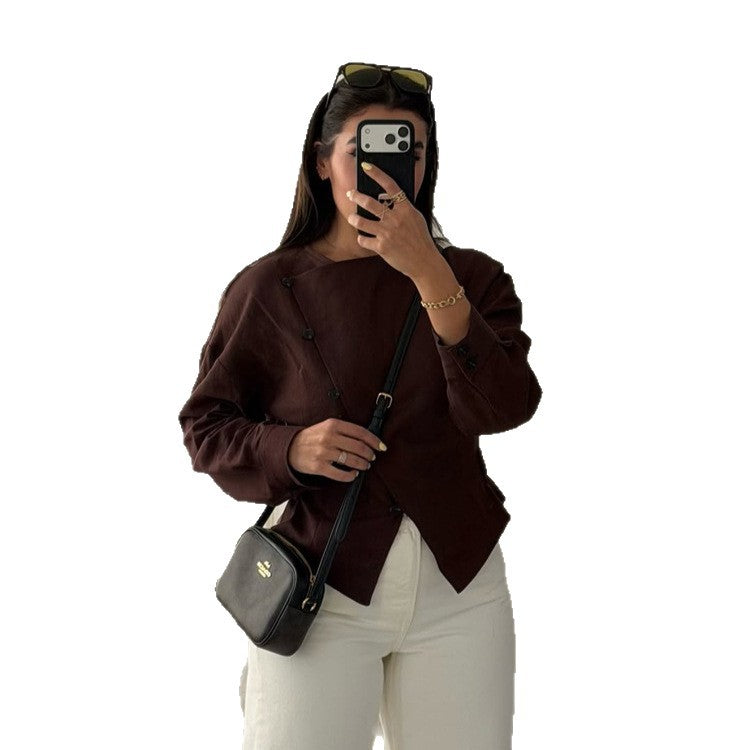 Women’s asymmetrical tailored blouse jacket made of linen with diagonal button closure EVA-US