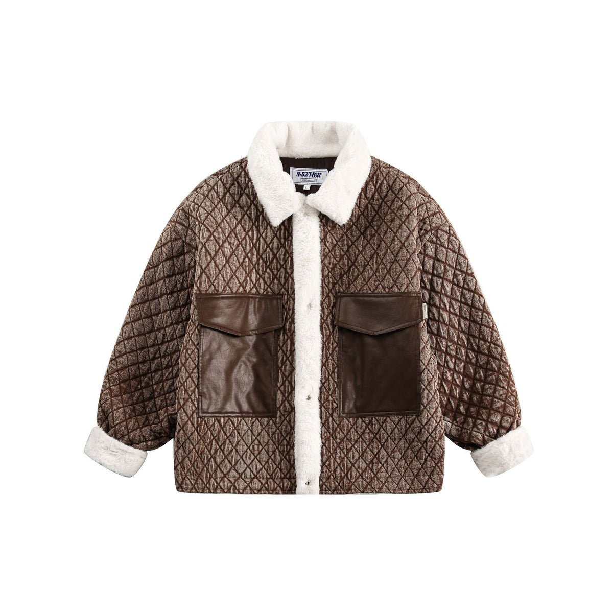 Women's short quilted jacket with faux fur collar and leather patch pockets EVA-US