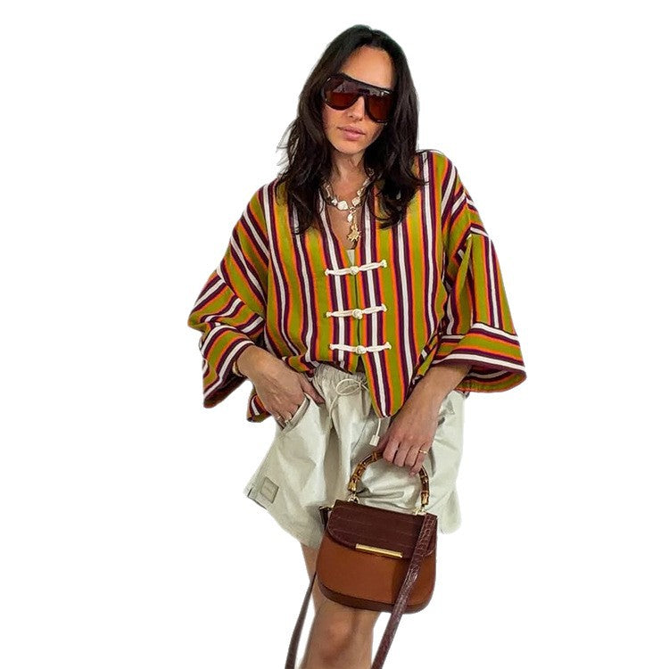 Women's Striped Lightweight Short Blouse with V-Neck, Three-Quarter Sleeves & Decorative Knot Closures EVA-US