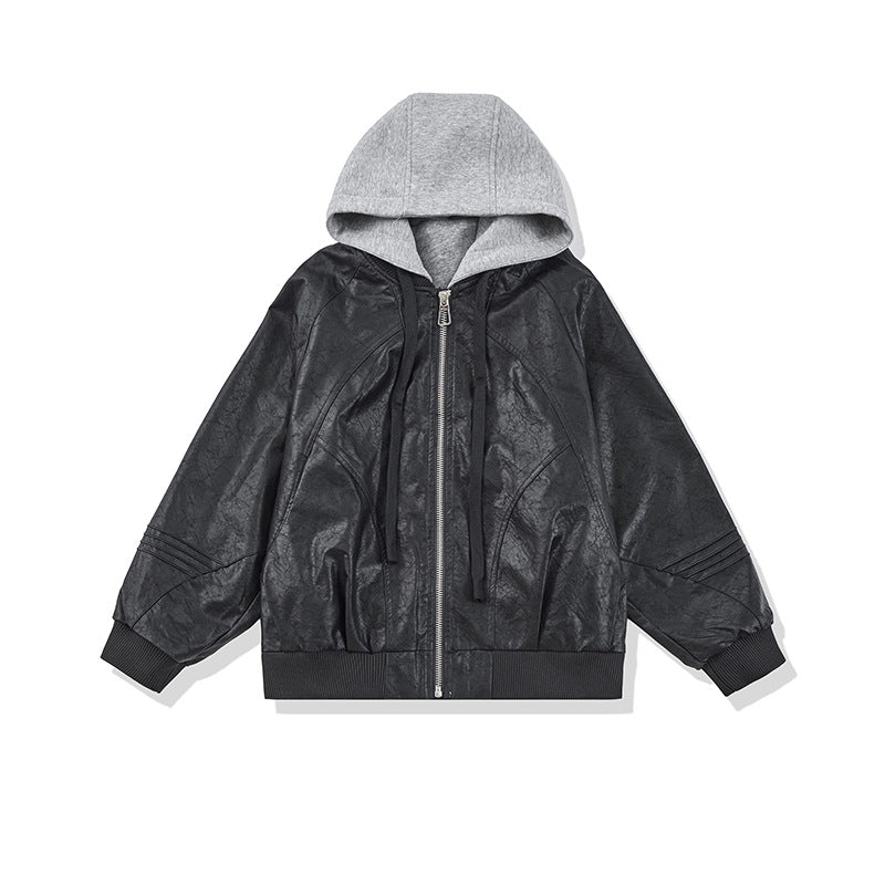 Unisex Wide Cut Faux Leather Bomber Jacket with Contrast Hood and Ribbed Cuffs EVA-US