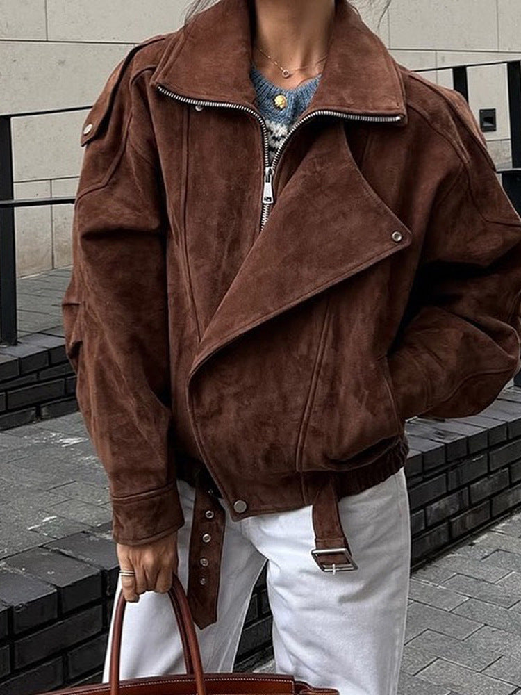 Women Short Velour Leather Bomber Jacket with High Stand-Up Collar and Waist Belt EVA-US