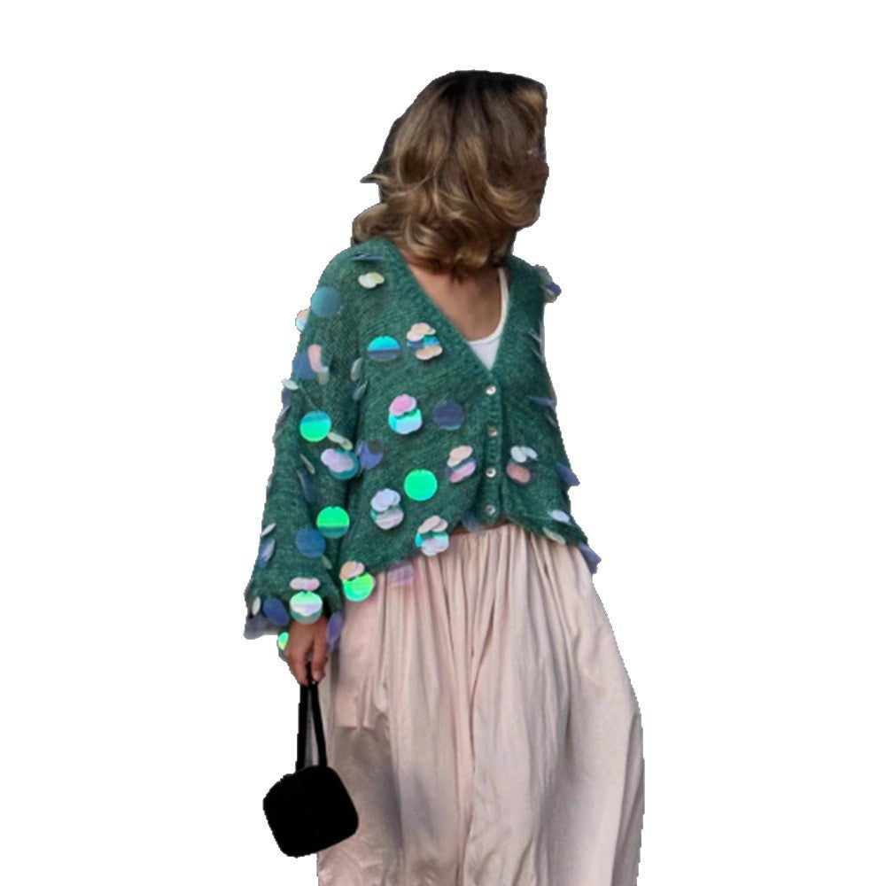 Women's Chunky Knit Mohair Cardigan with Oversized Sequins and Boxy Silhouette EVA-US