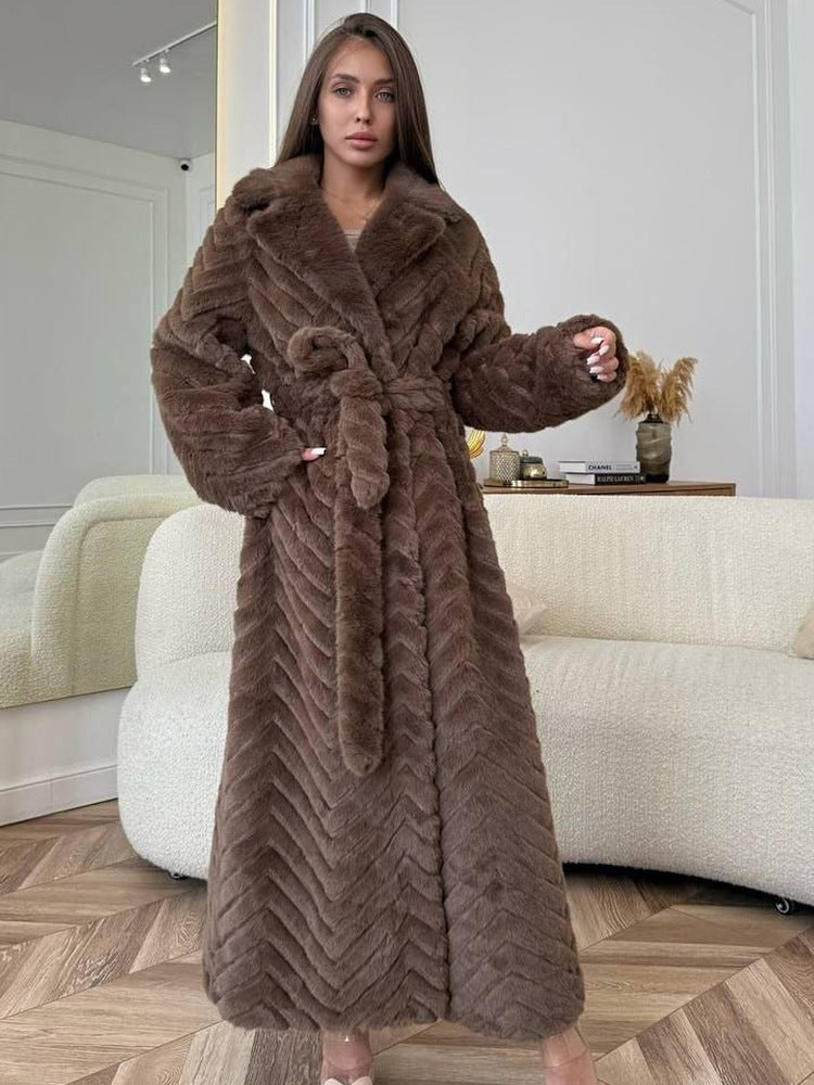 Women's Maxi Faux Fur Coat with Hood and Chevron Quilting EVA-US