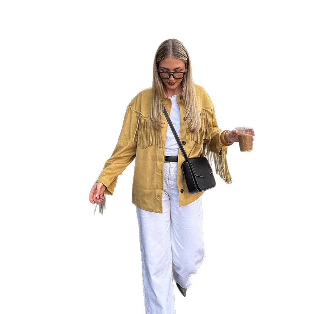 Women's Oversize Fringed Jacket in Western Style made of Suede Look with Shirt Collar EVA-US