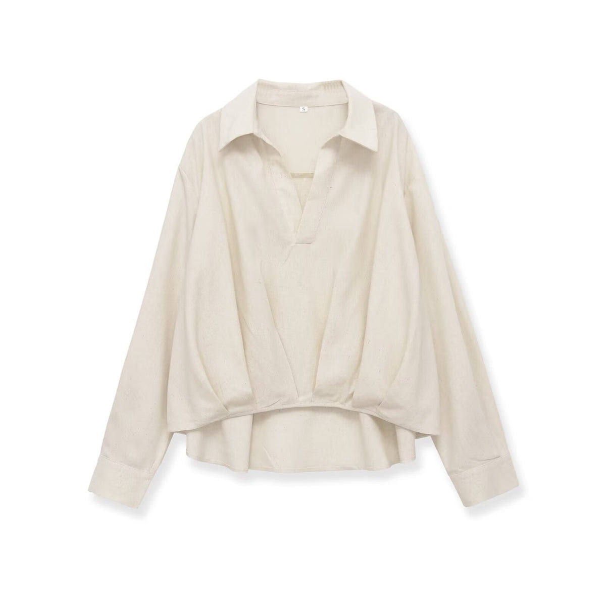 Women's Oversized Linen Blouse with Open V-Neck and Gathered Hem EVA-US