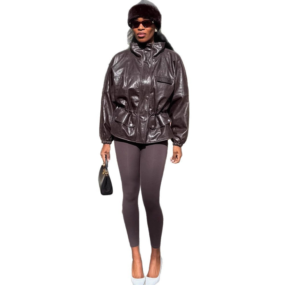 Women's Oversize Faux Leather Blouson with High Stand-Up Collar and Drawstring Waist
