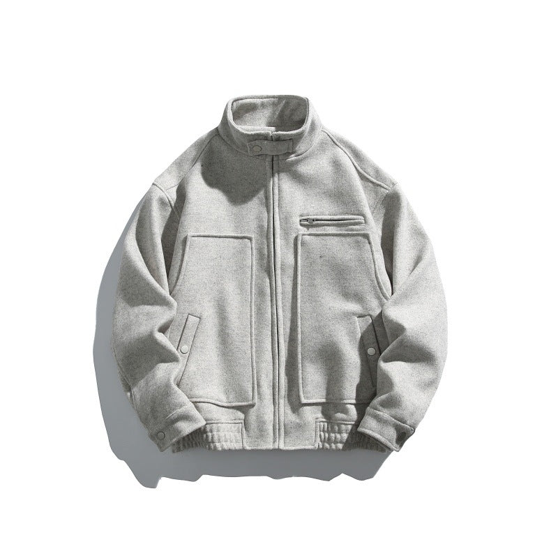Men's short-cut boxy wool blend blouson with stand-up collar, elastic hem, and zippered chest pocket EVA-US