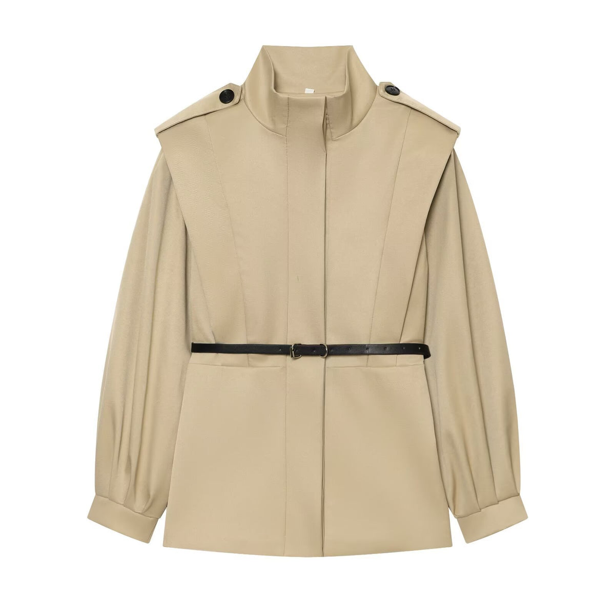 Women Short Cape Trench with High Funnel Collar and Waist Belt EVA-US