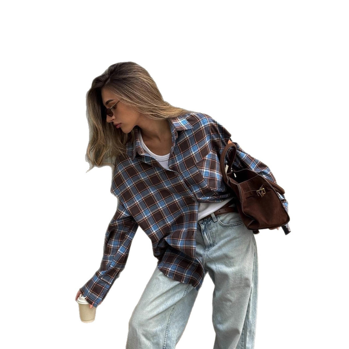 Women checkered oversized shirt jacket with cut-out sleeves and raw hem EVA-US