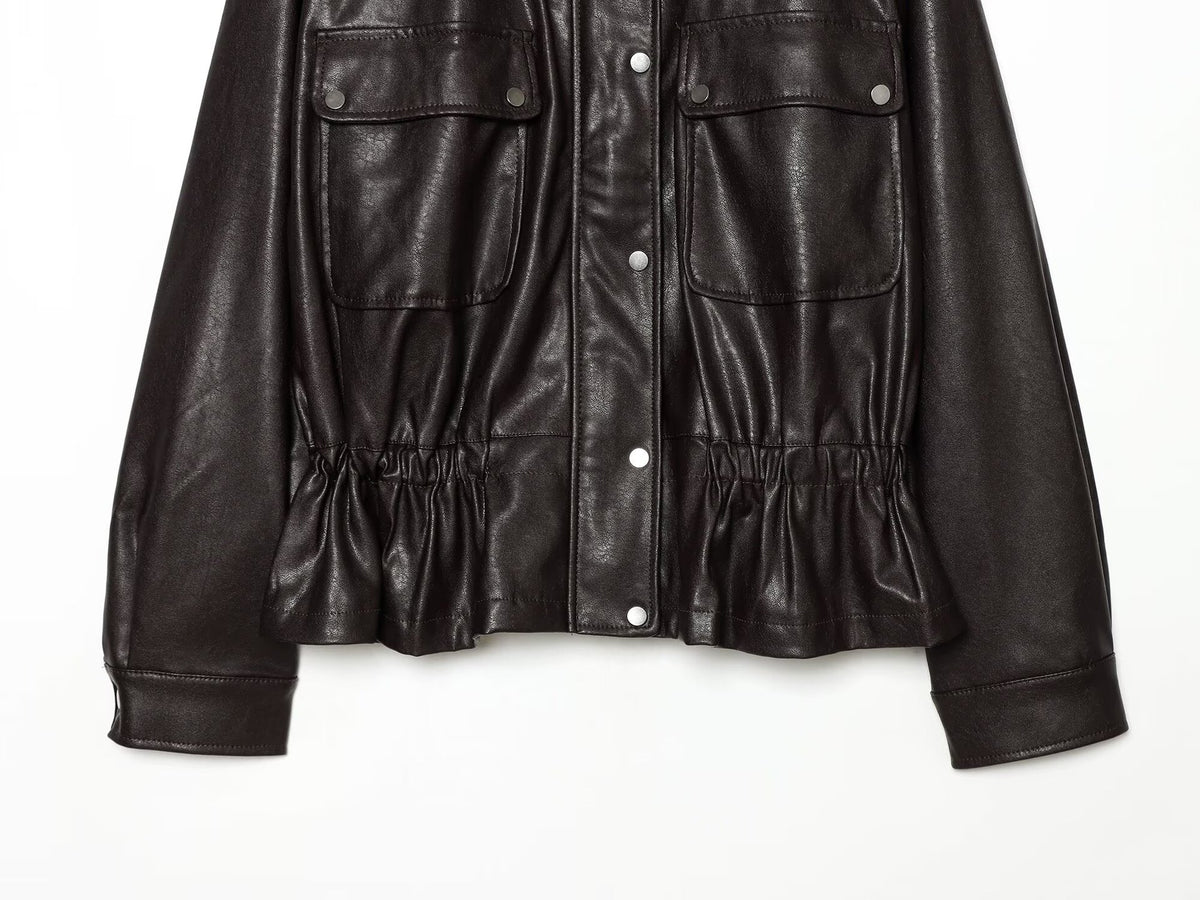 Women’s cropped jacket in oversized look made of faux leather with drawstring waist EVA-US