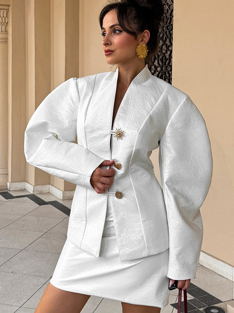 Women's Tailored Blazer Suit with Sculptural Balloon Sleeves and Mini Skirt EVA-US