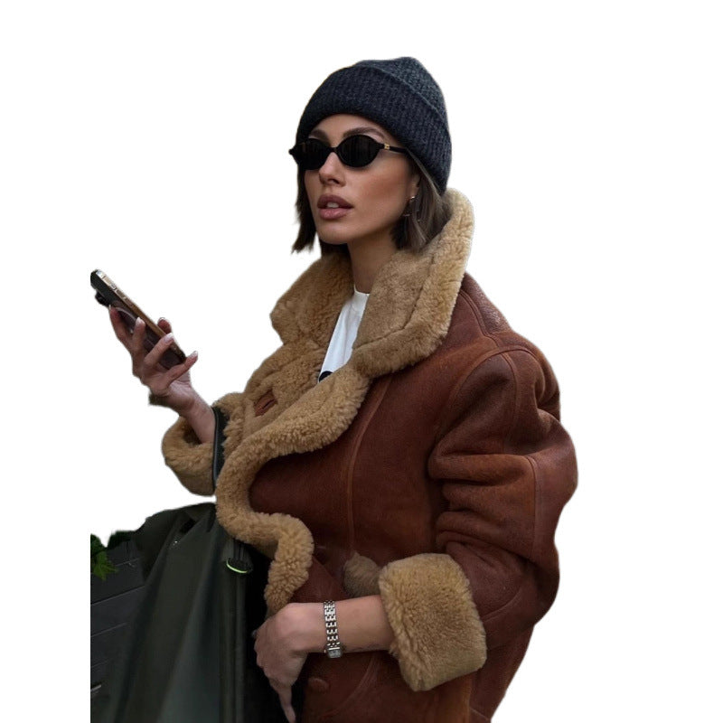 Women's Oversize Sheepskin Look Aviator Jacket with Voluminous Shawl Collar EVA-US