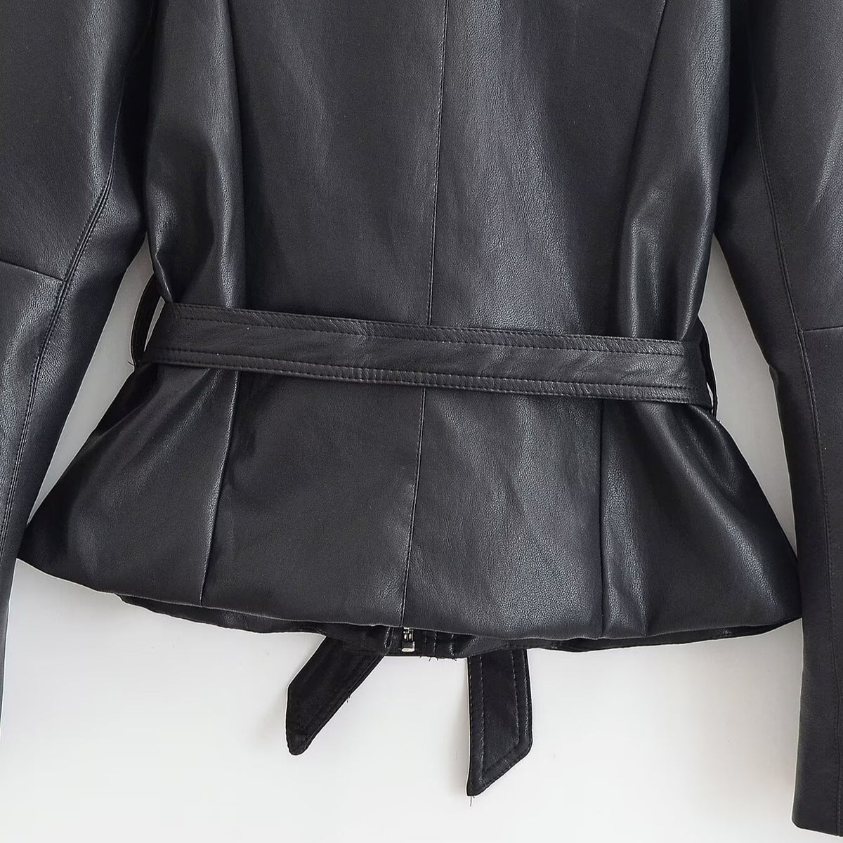 Women's Tailored Leather Look Jacket with Tie Belt and Balloon Sleeves EVA-US