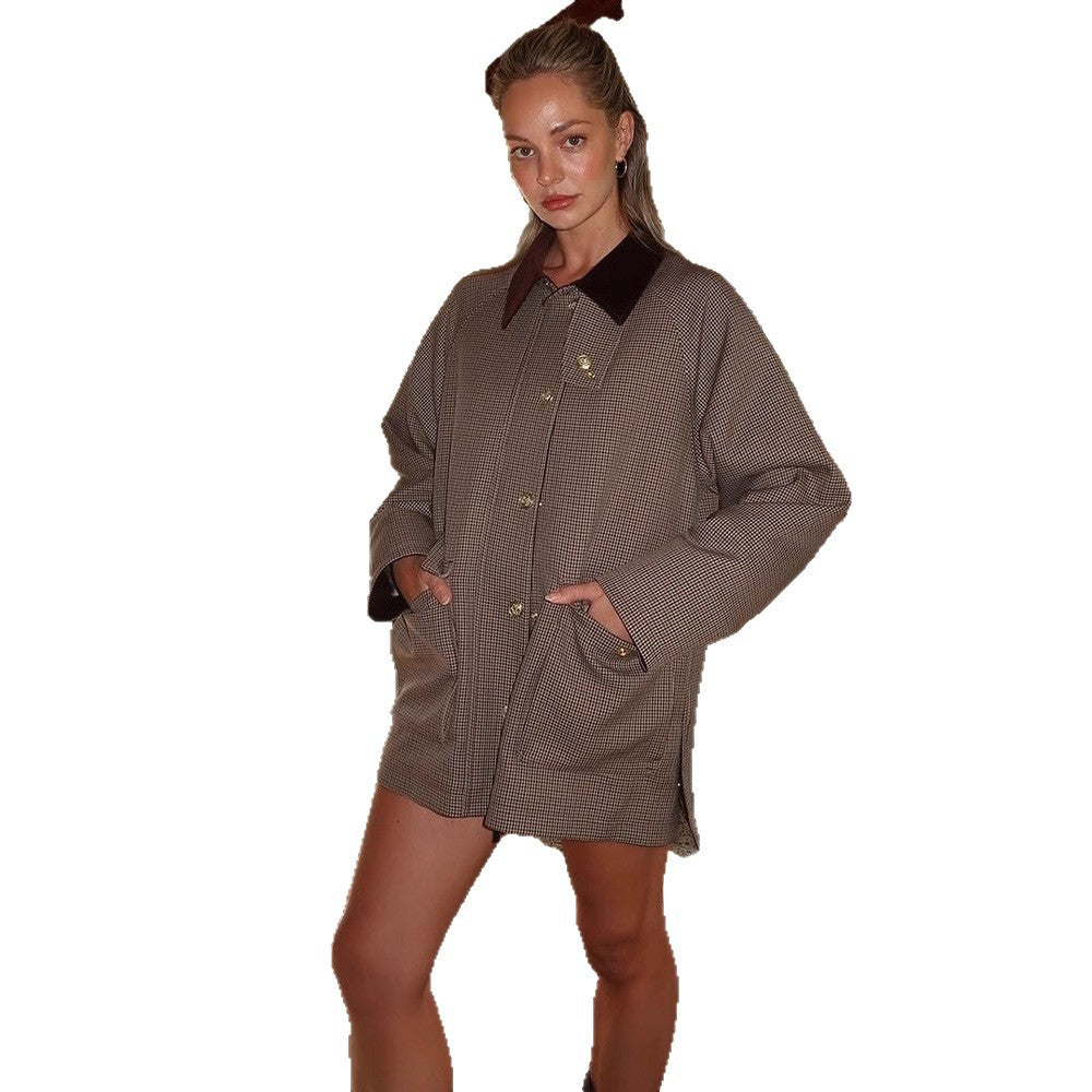 Women Oversize Boxy Jacket in Glencheck with Velvet Collar and Golden Decorative Buttons EVA-US