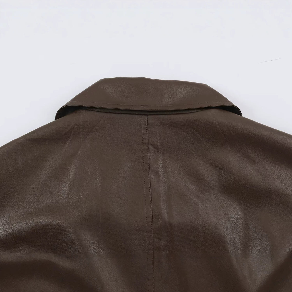 Women Tailored Leather Look Jacket with Asymmetrical Button Placket and Ties Belt EVA-US