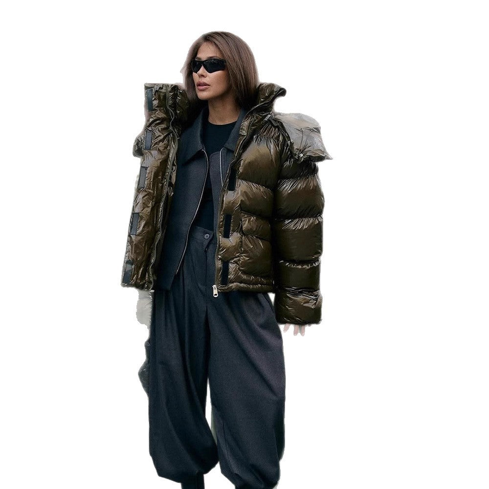 Women's padded short jacket with high-gloss finish, oversized cut, and hood EVA-US