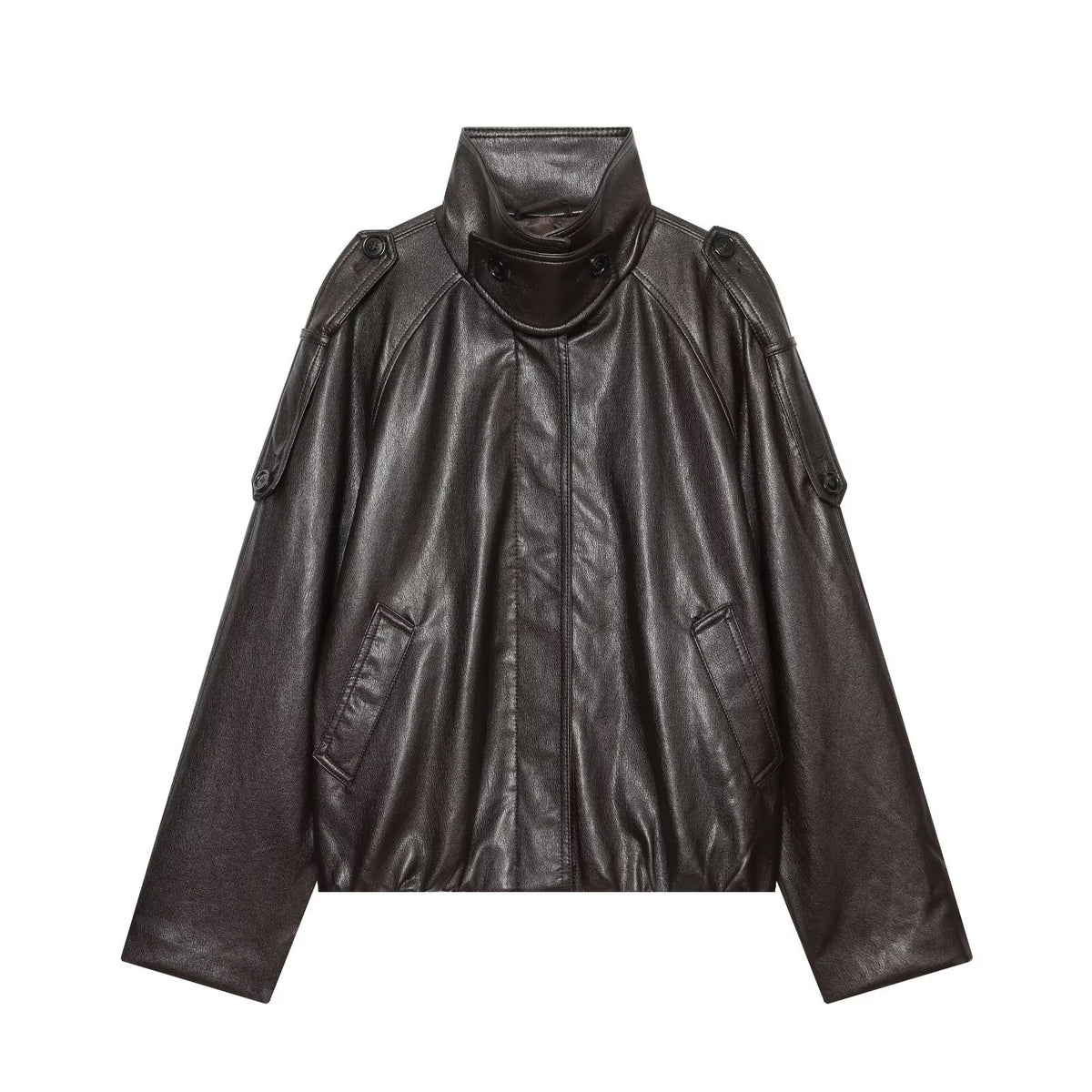 Women's short-cut leather look blouson jacket with high funnel collar, shoulder tabs and integrated patch pockets EVA-US