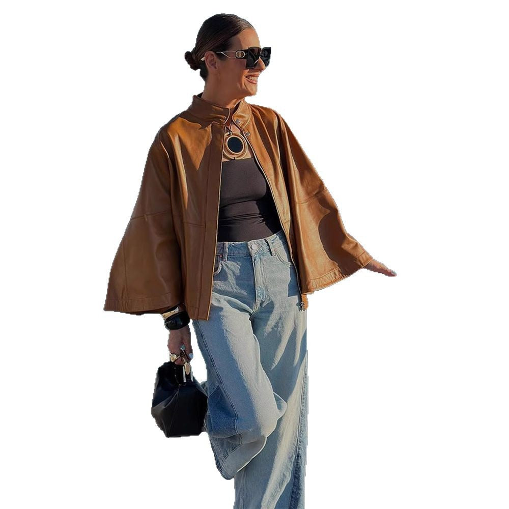 Women Cape-Sleeved Leather Jacket with Stand Collar EVA-US