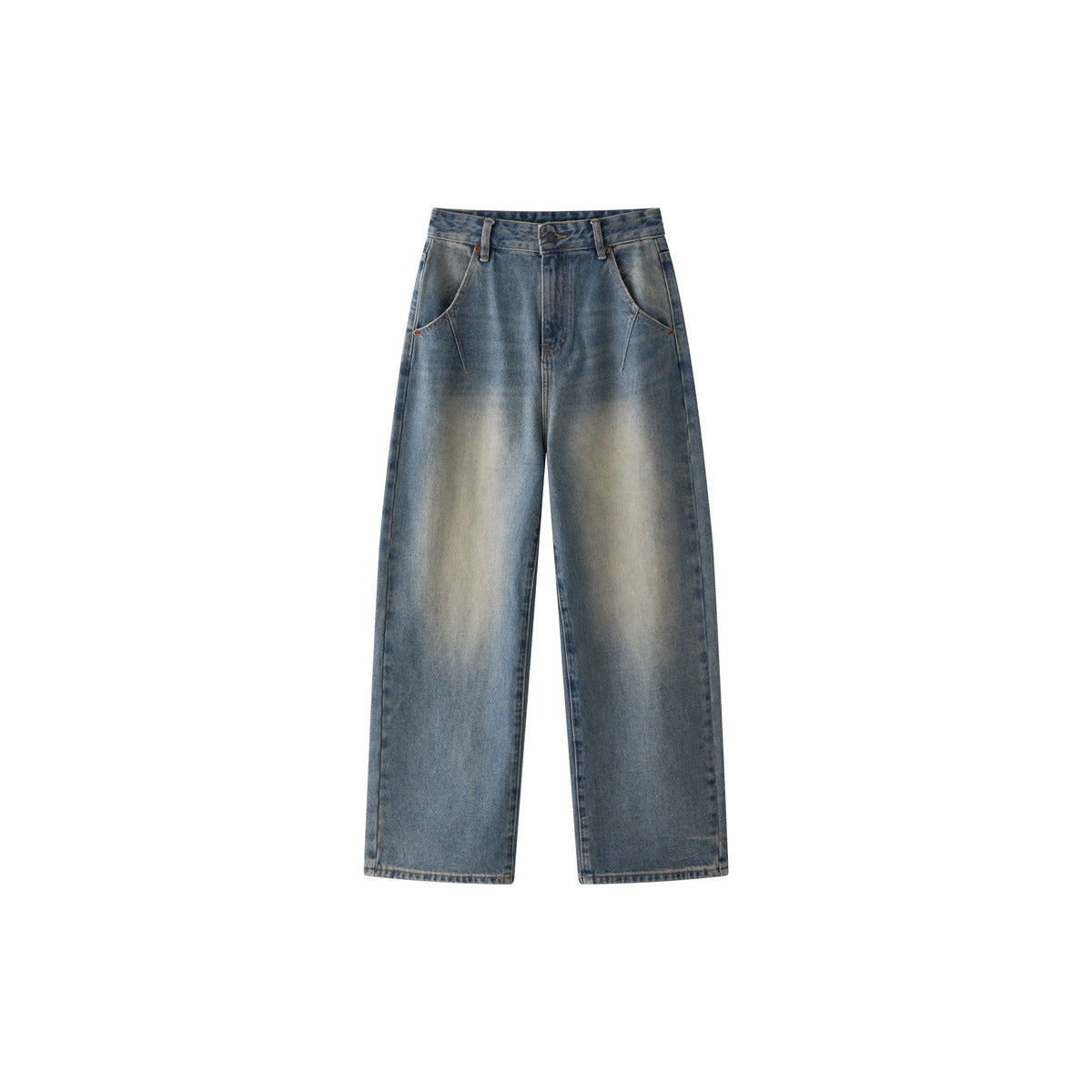 Women's Wide High-Waist Denim Baggy Pants with Vintage Fade and Diagonal Pocket Detail EVA-US