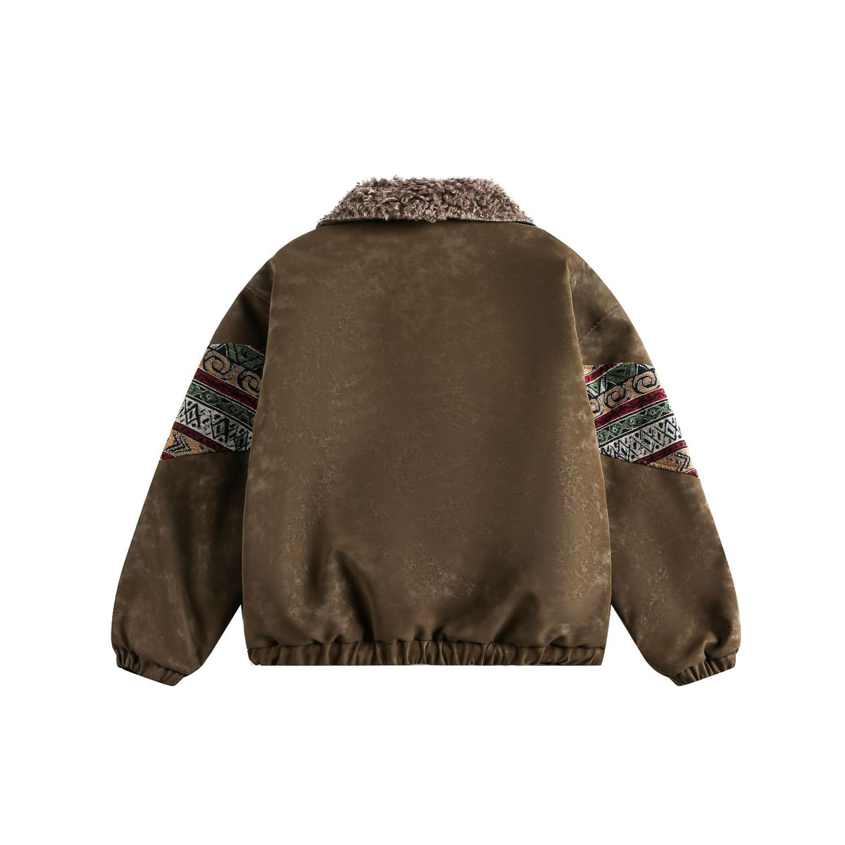 Ladies Short Suede Bomber with Faux Fur Collar and Ethnic Knit Inserts EVA-US