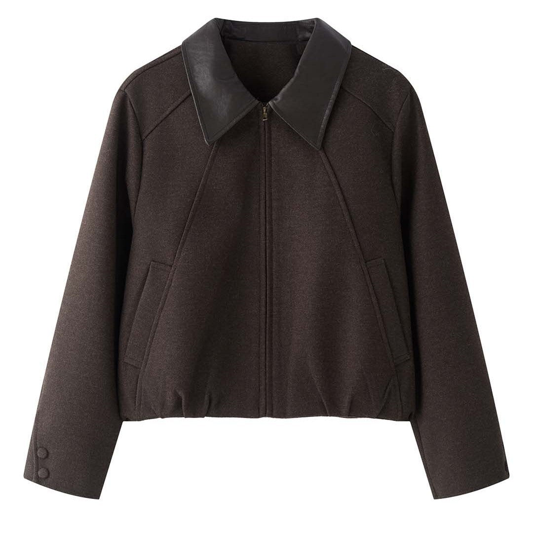 Women's Short Boxy Wool Jacket with Contrasting Leather Collar EVA-US