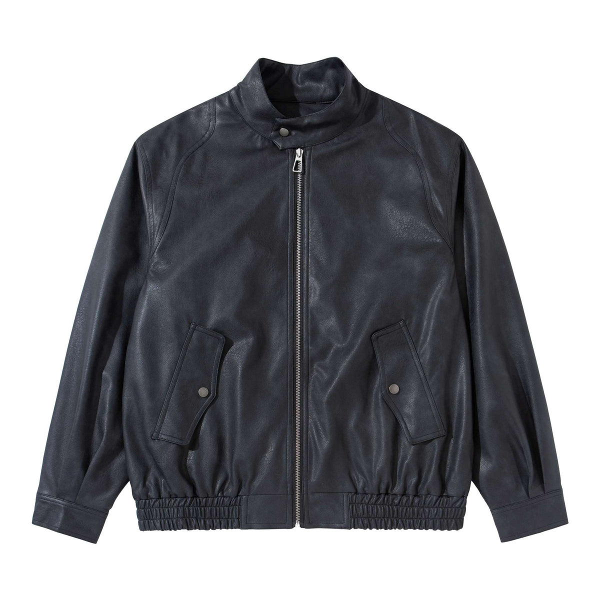 Men's vintage-inspired faux leather bomber jacket with funnel collar, flap pockets, and elastic hem EVA-US