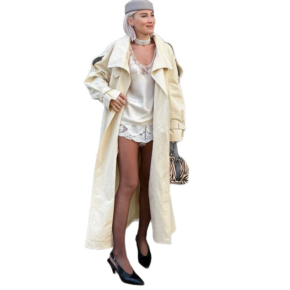 Women’s longer lighter trench coat with wide shawl collar and dropped shoulder EVA-US