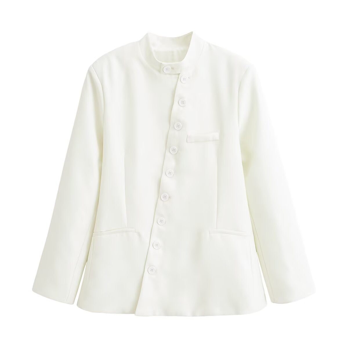 Women's asymmetrical buttoned short blazer with stand-up collar and patch pockets EVA-US