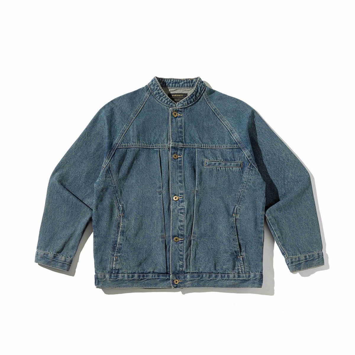 Unisex Boxy Denim Jacket with Stand-up Collar, distinctive seam piping and Button Placket EVA-US