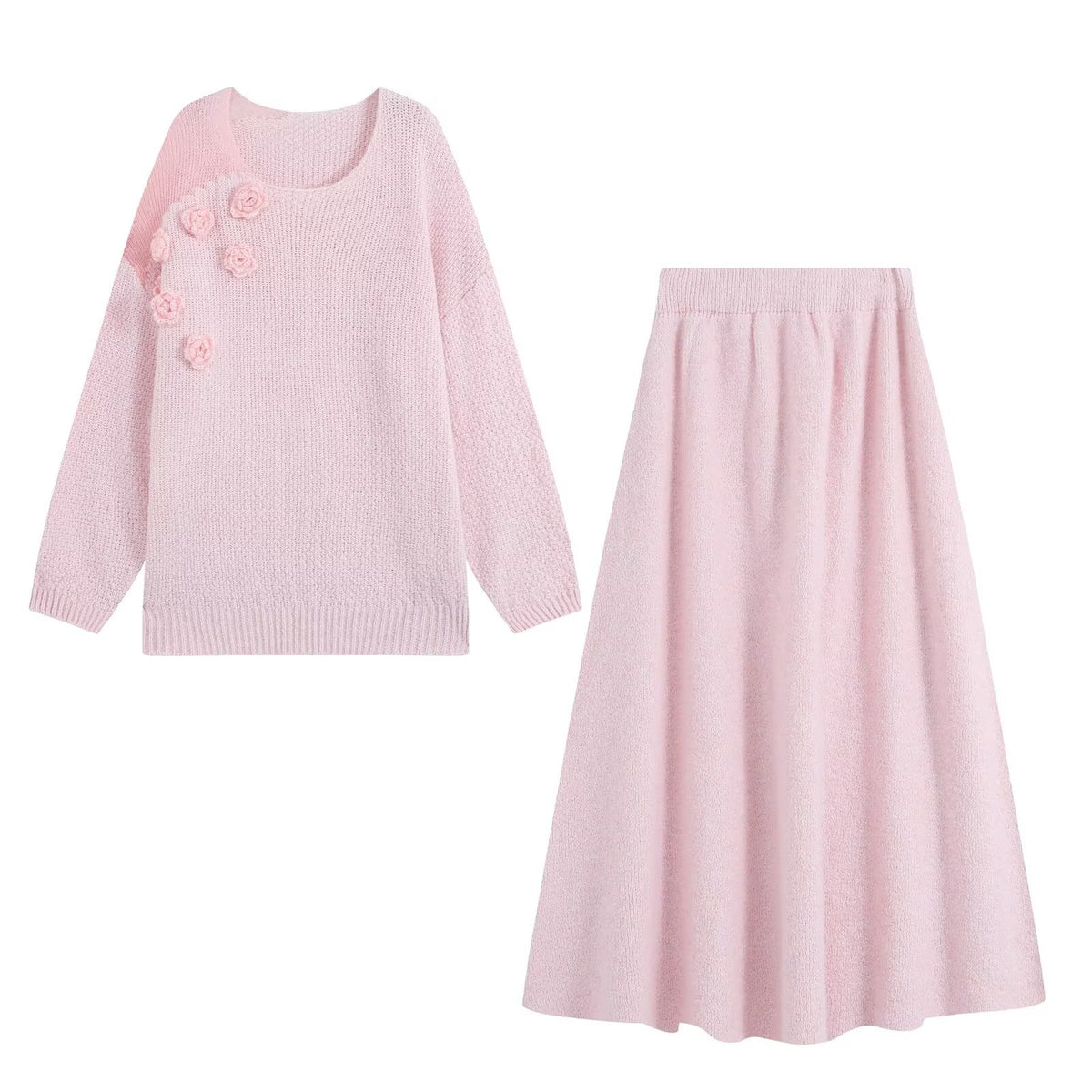 Women's knit set with cozy sweater featuring 3D flower appliqué and A-line skirt EVA-US
