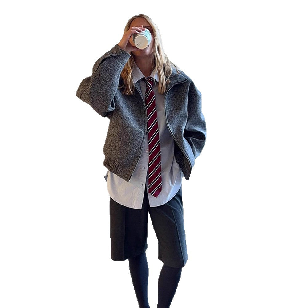 Ladies short jacket in herringbone wool blend with zip and elastic hem EVA-US