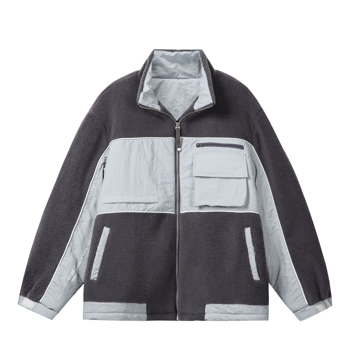 Unisex Oversize Fleece Field Jacket with Nylon Panels, High Stand-Up Collar and Drawstring EVA-US