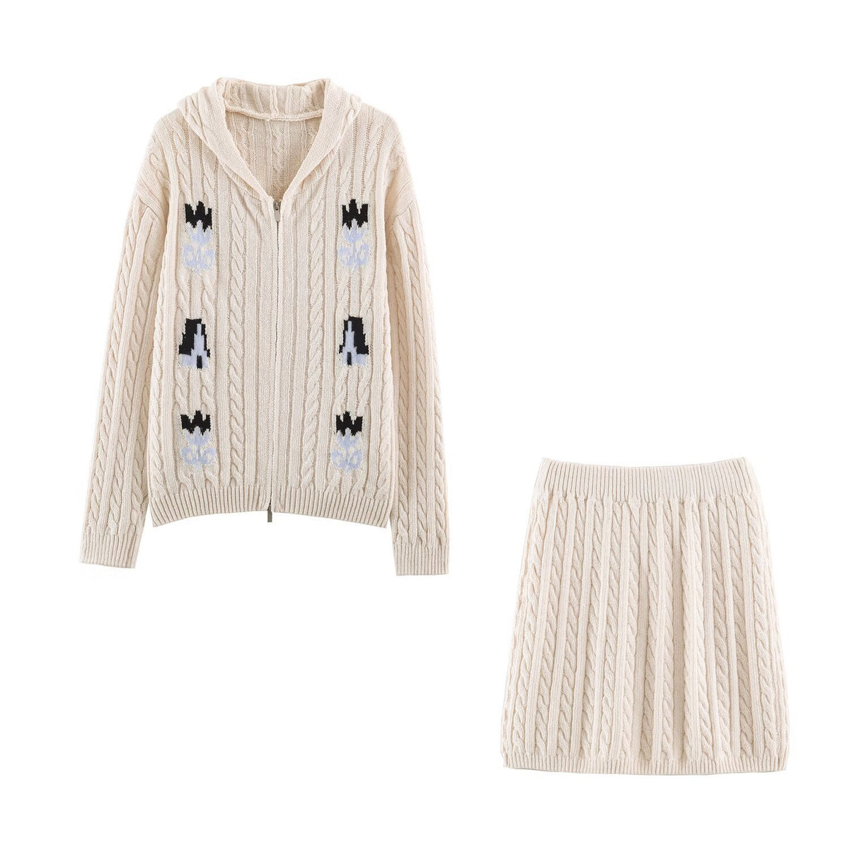 Women's Two-Piece Knit Set with Zipper Hoodie and Short Cable Knit Skirt EVA-US