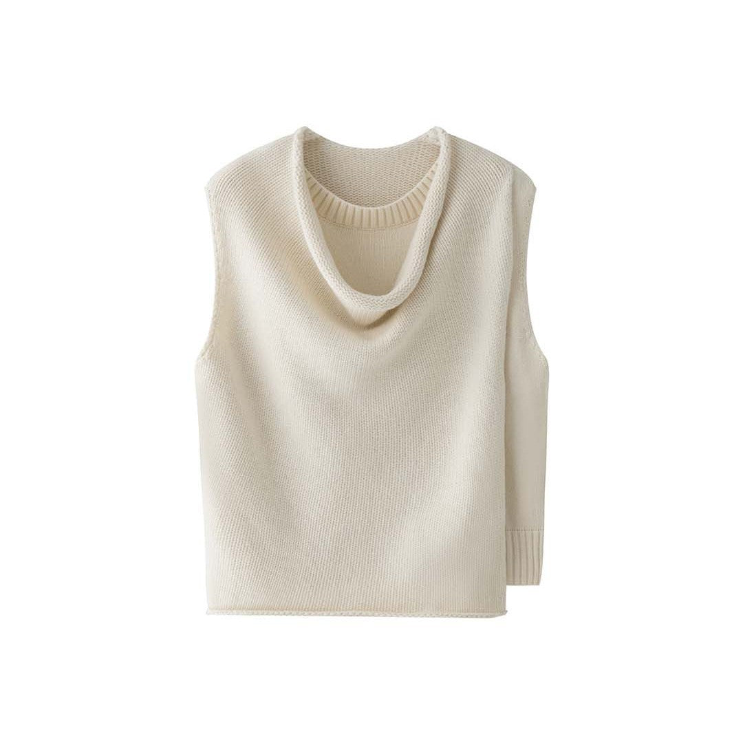 Women's Sleeveless Knitted Vest with Draped Turtleneck and Asymmetric Hem EVA-US