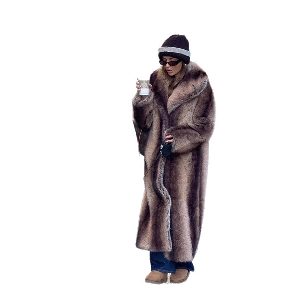Women Maxilength Oversize Faux Fur Coat with Vintage Cut and Wide Lapel Collar EVA-US