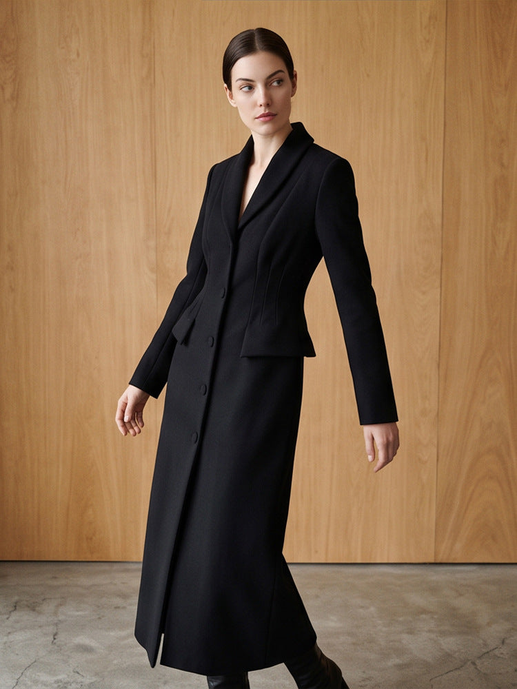 Women's Tailored Long Coat with Shawl Collar and Figure-Shaping Darts EVA-US