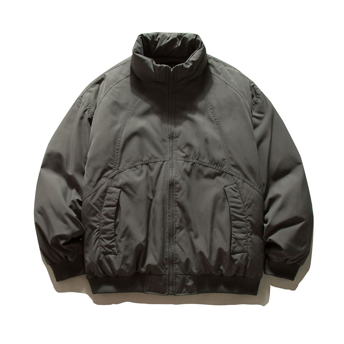 Men's boxy padded bomber jacket with high stand-up collar, elastic hem, and practical side pockets.