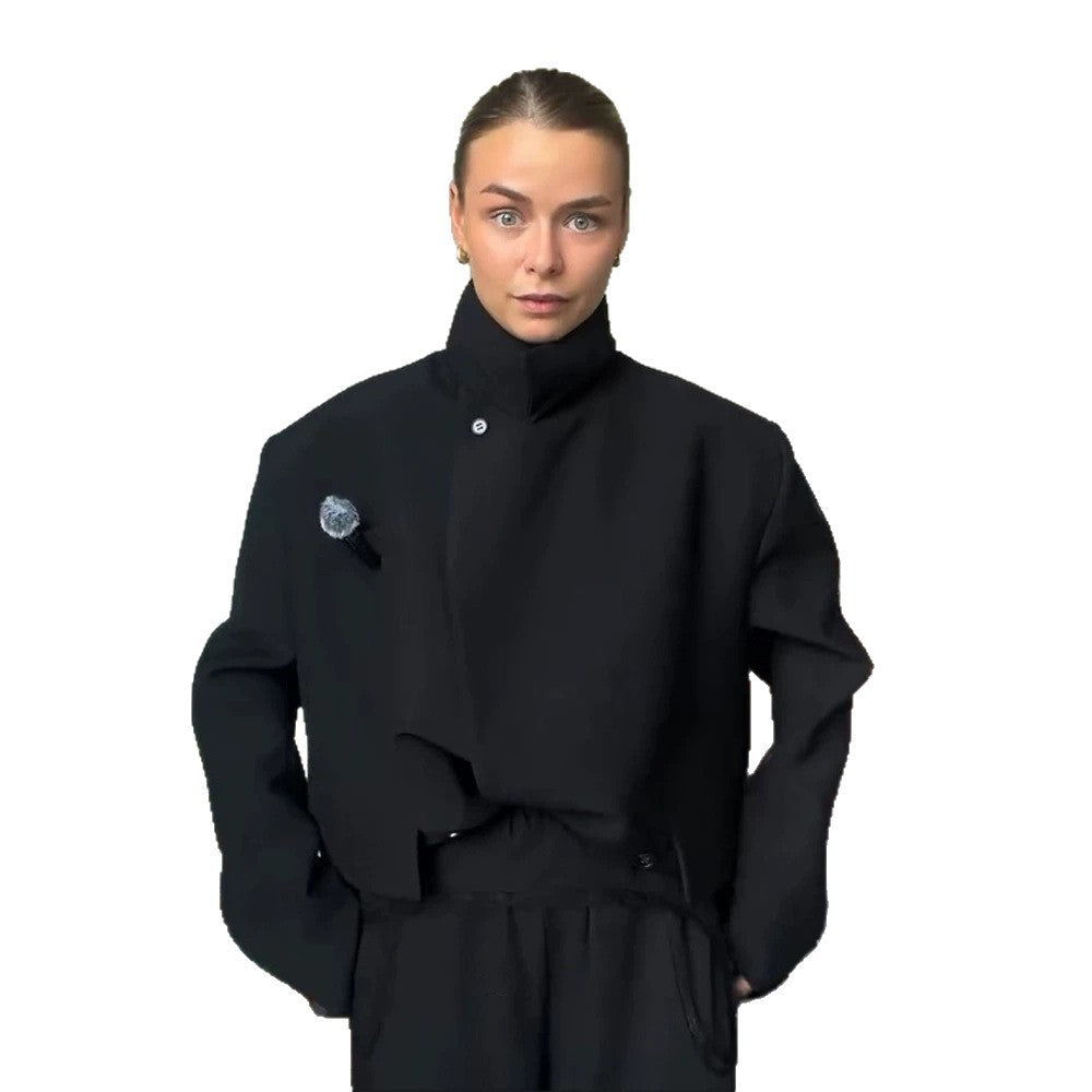Women Asymmetric Cropped Boxy Jacket with High Stand Collar and Structured Shoulder Area EVA-US